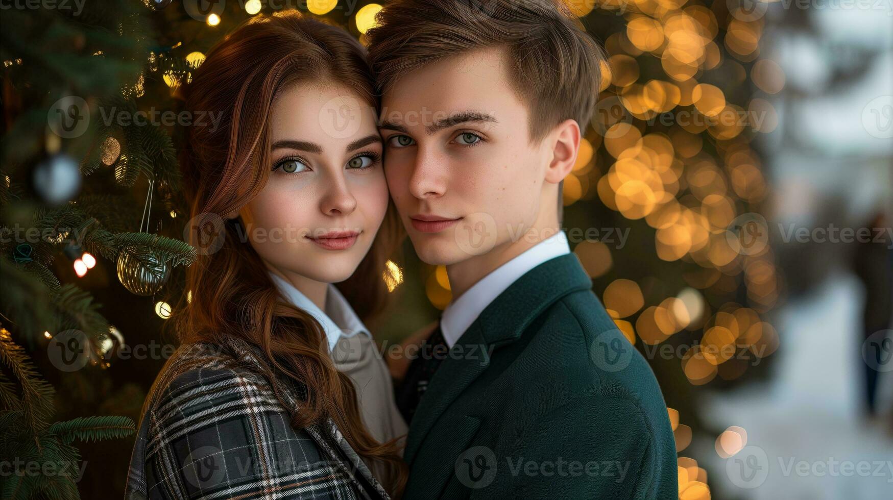AI generated Couple smiling in front of christmas trees. Generative AI photo