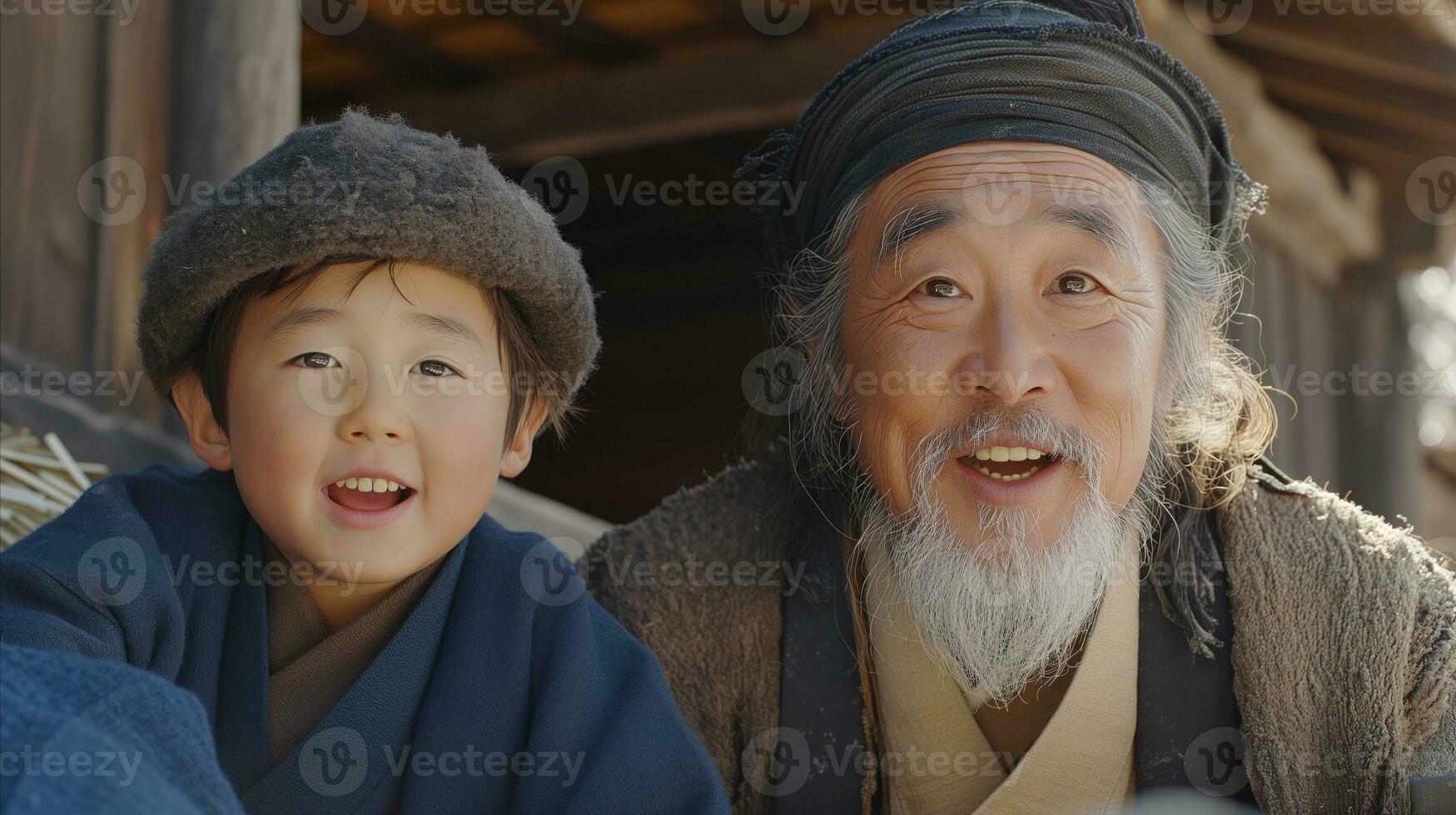 AI generated Smiling grandfather with grandson in traditional asian attire photo