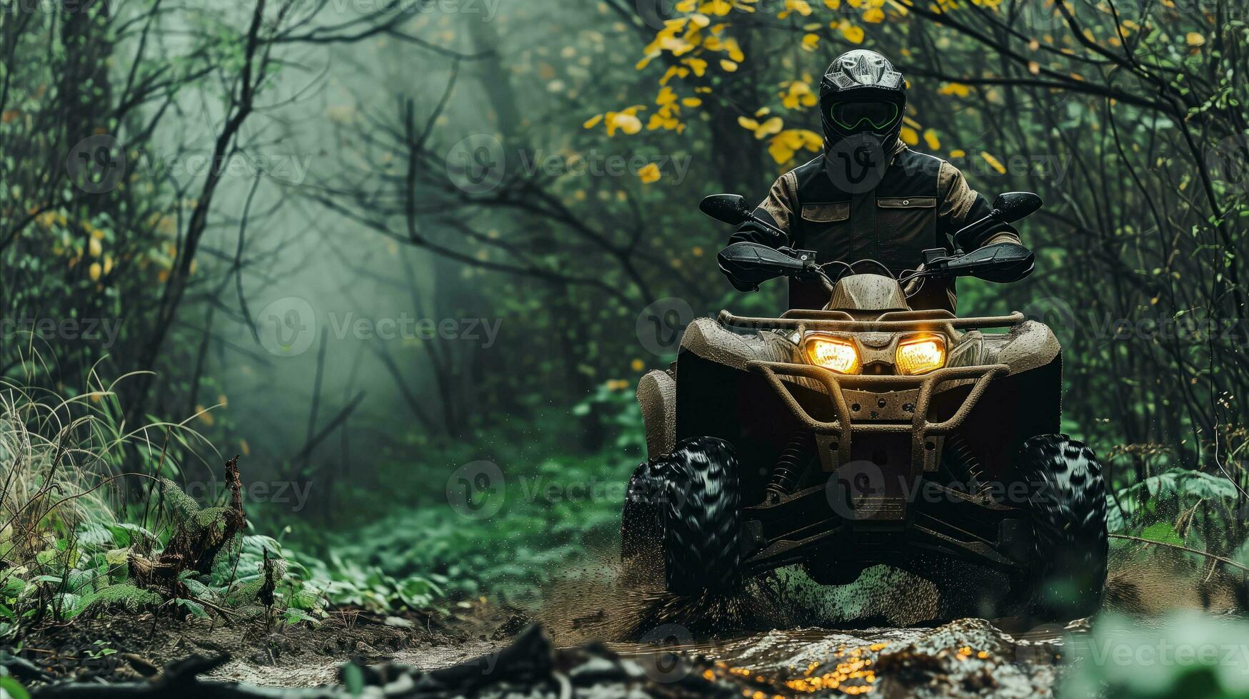 ai generado un hombre montando un apagado la carretera Canal de televisión británico en el bosque. generativo ai foto