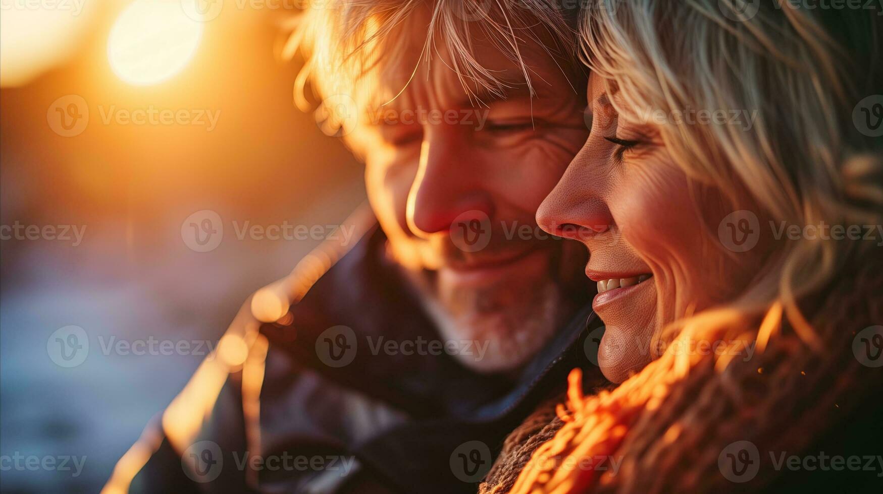 AI generated A couple smiling joyfully as they bask in the warm sunlight, radiating happiness and contentment. Generative AI photo
