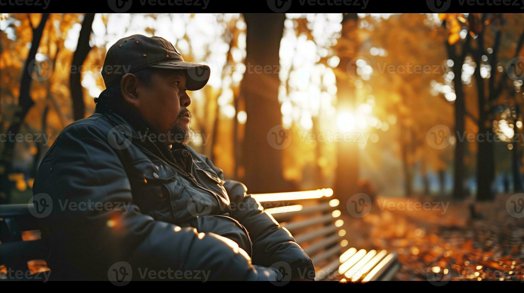 AI generated Contemplative man sitting on park bench at sunset in autumn photo