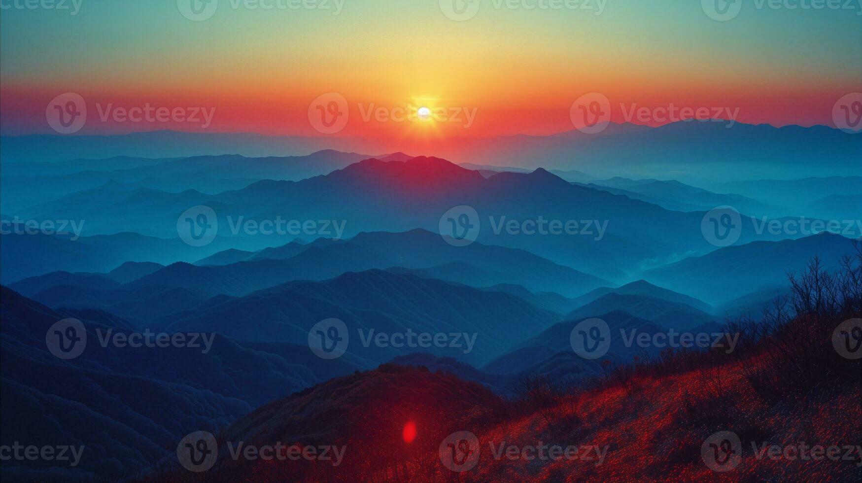 AI generated Breathtaking mountain sunset with vibrant sky and silhouettes photo