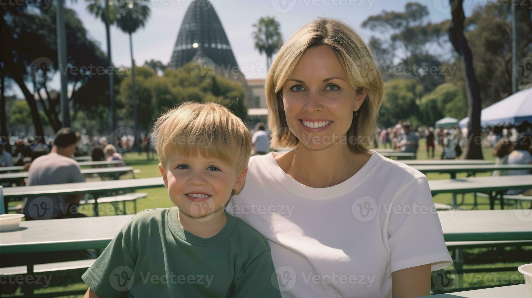 AI generated Mother and her child sitting at the table in a quiet park. photo