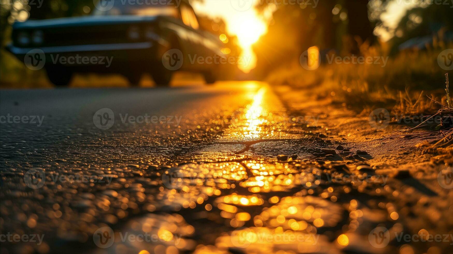 ai generado un coche de viaje abajo un la carretera a puesta del sol. generativo ai foto