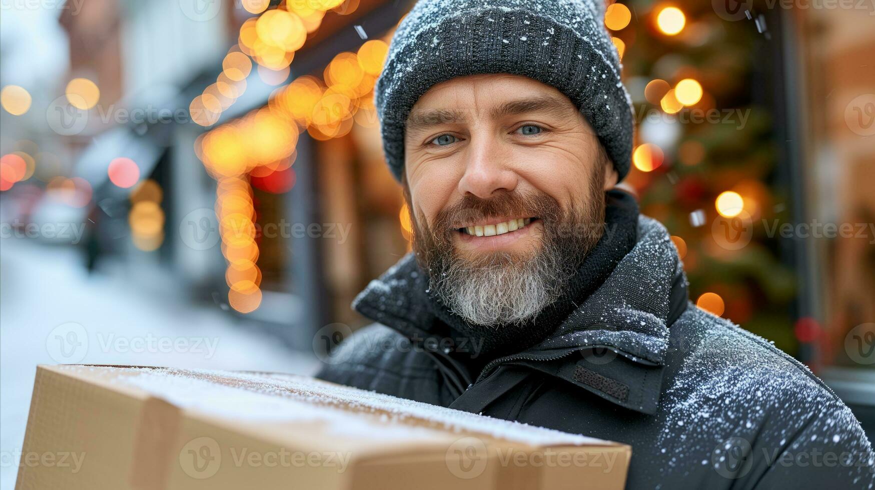 AI generated A man in a winter hat and coat holding a box. Generative AI photo