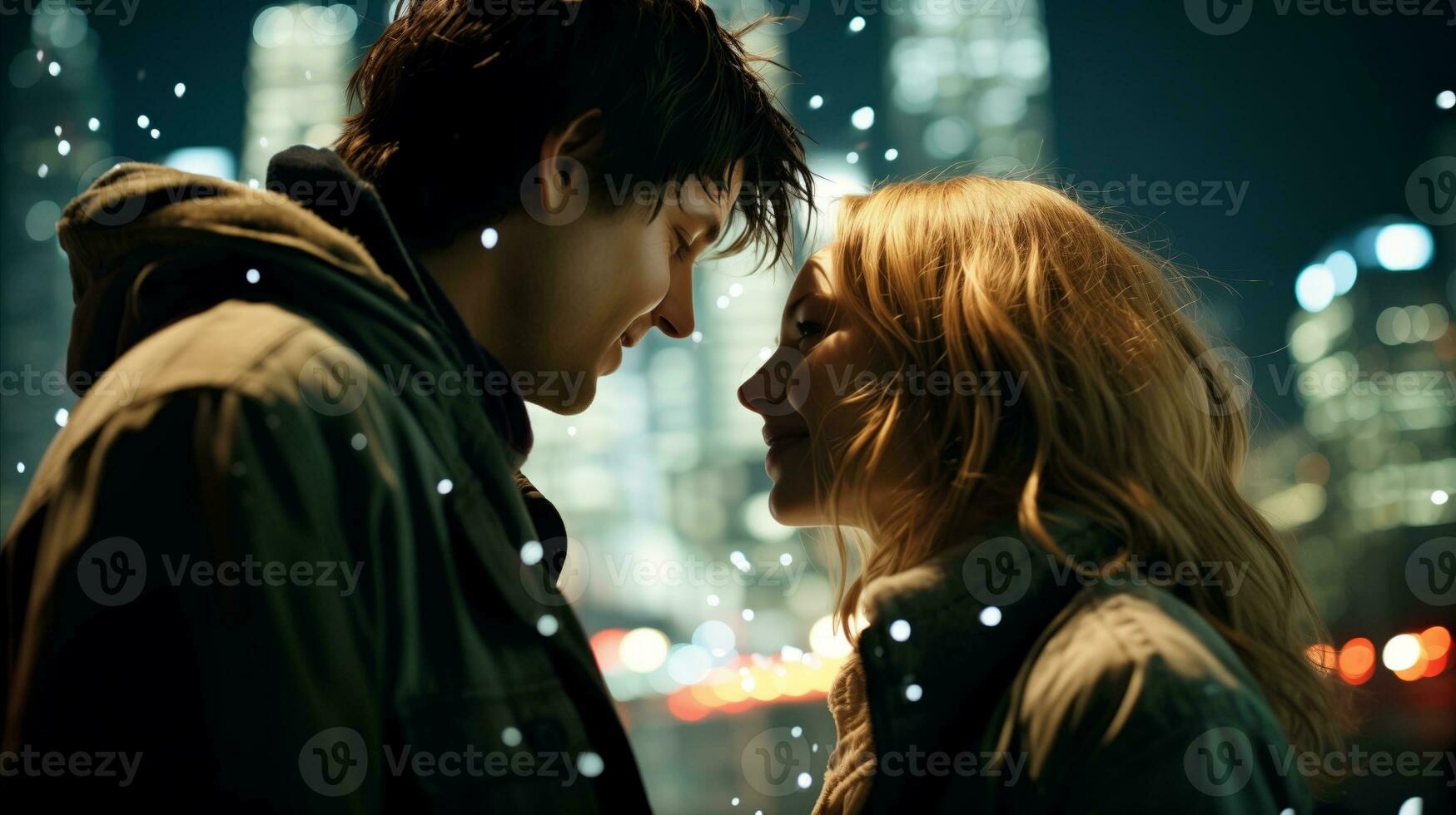 AI generated A couple gazes at each other in a bustling cityscape, their eyes filled with love and anticipation. Generative AI photo