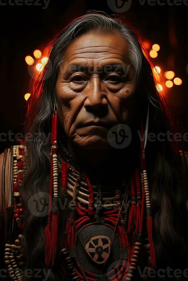AI generated An Indian man wearing red and black feathers as part of his traditional attire. photo
