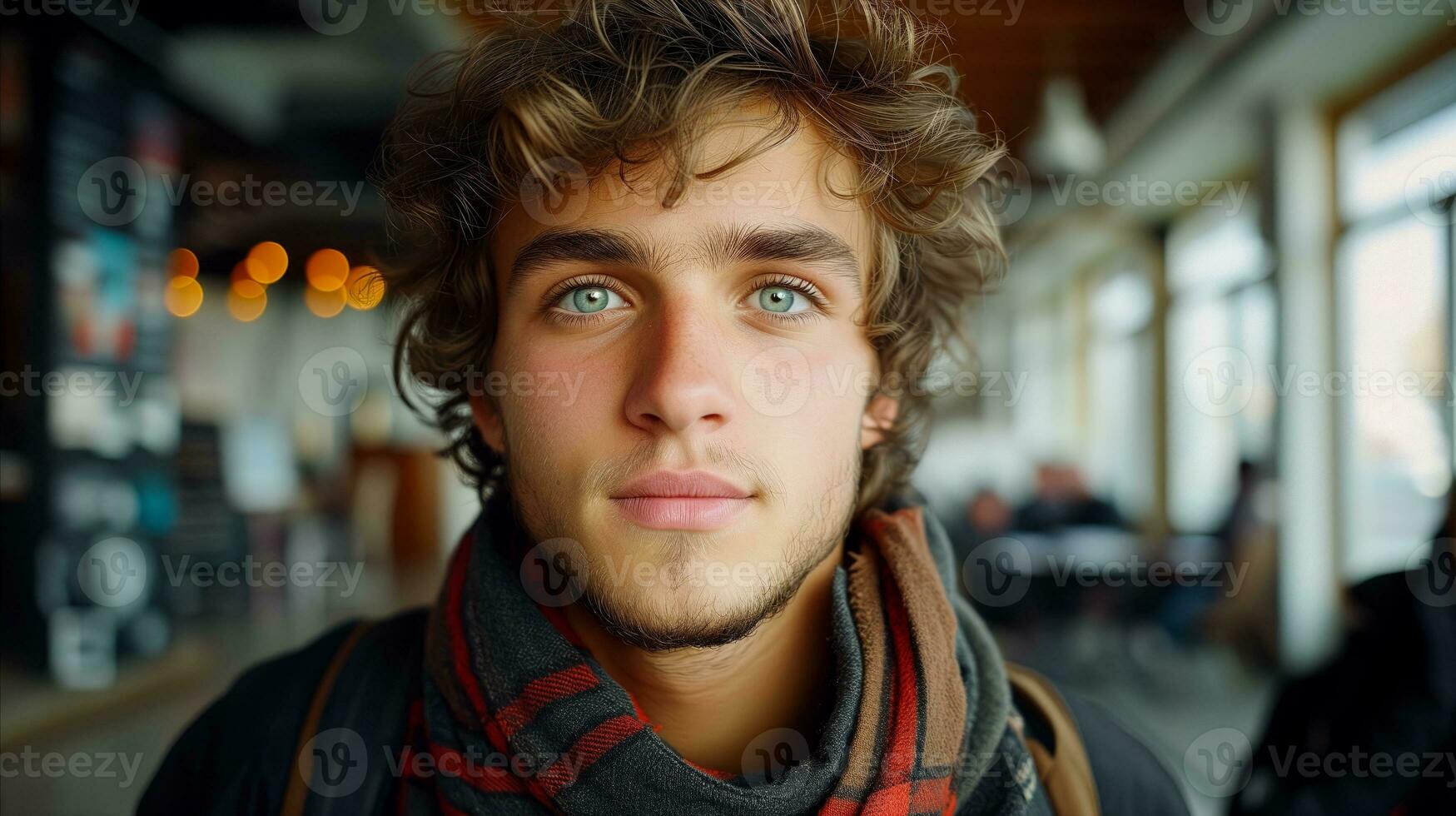 AI generated Close-up portrait of a young man with blue eyes in a cafe setting photo