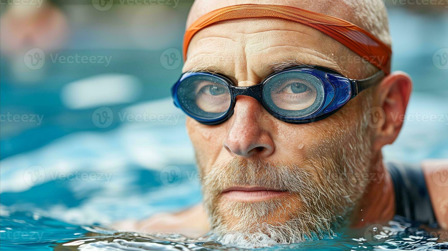 AI generated An older man swimming in head goggles. Generative AI photo