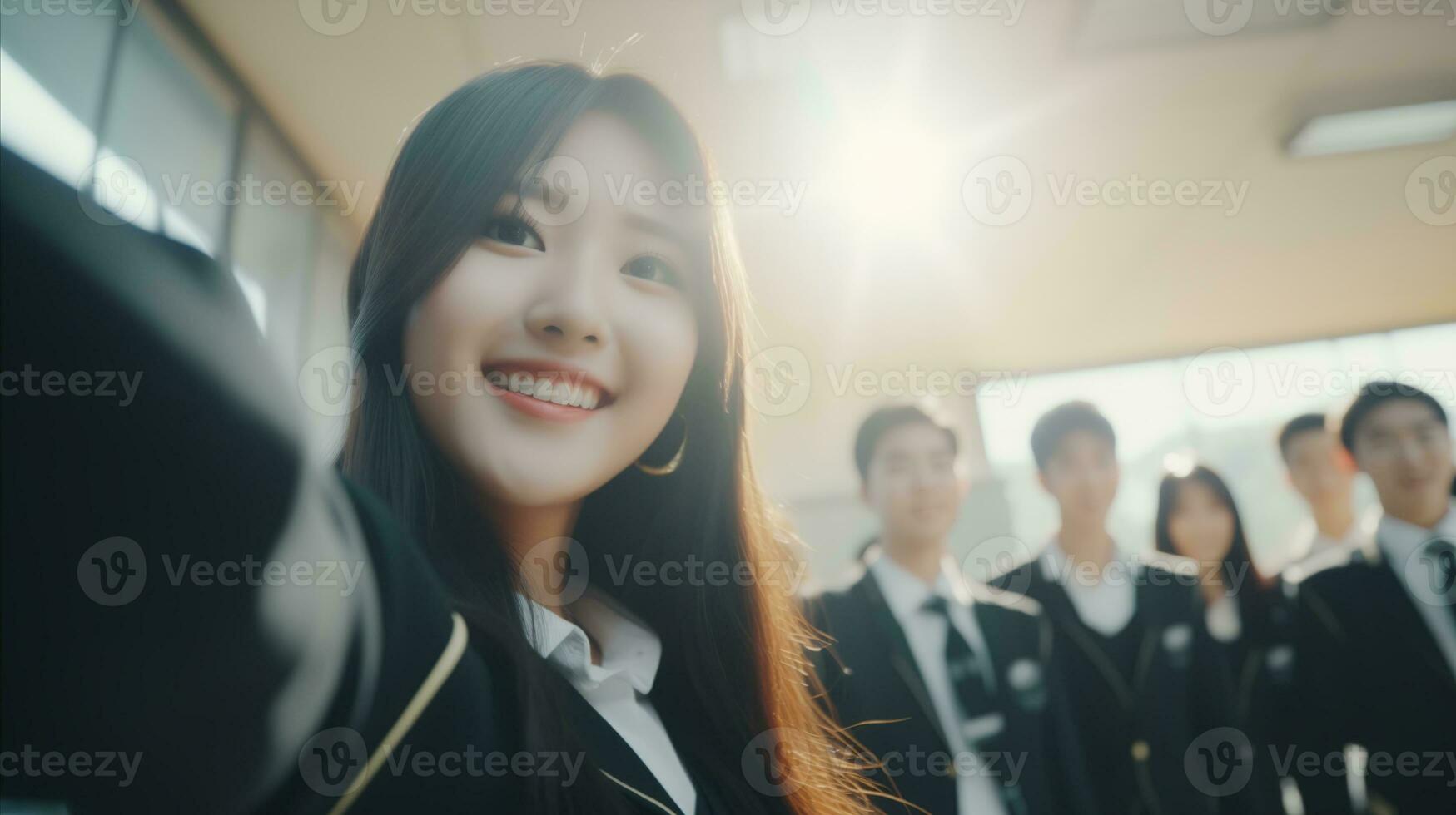 AI generated A smiling female student taking a selfie with her friends in class. Generative AI photo