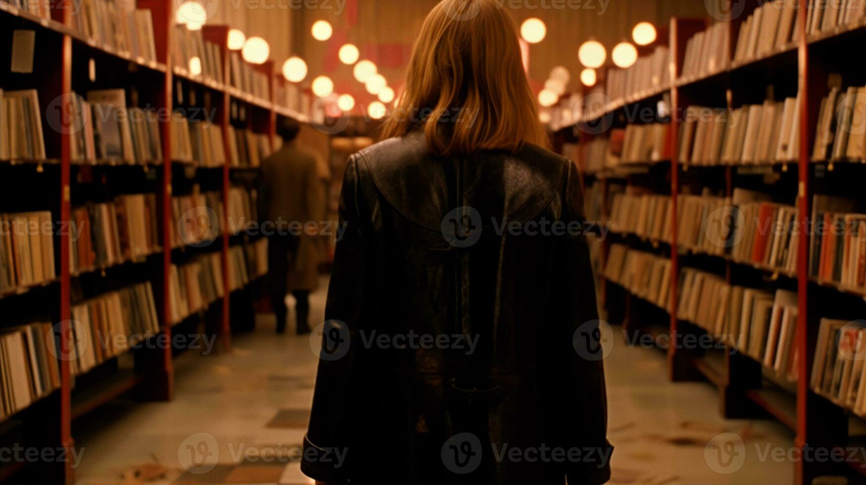 AI generated A woman in a black jacket walks through a library, surrounded by rows of books and shelves. photo