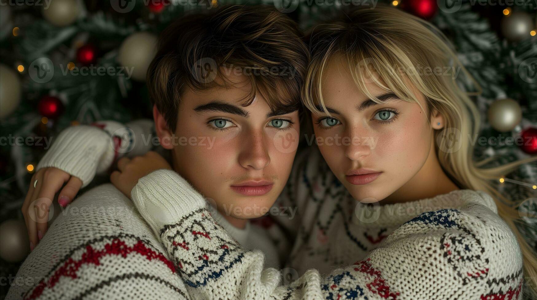 AI generated Young couple embracing in festive sweaters with christmas tree in background photo
