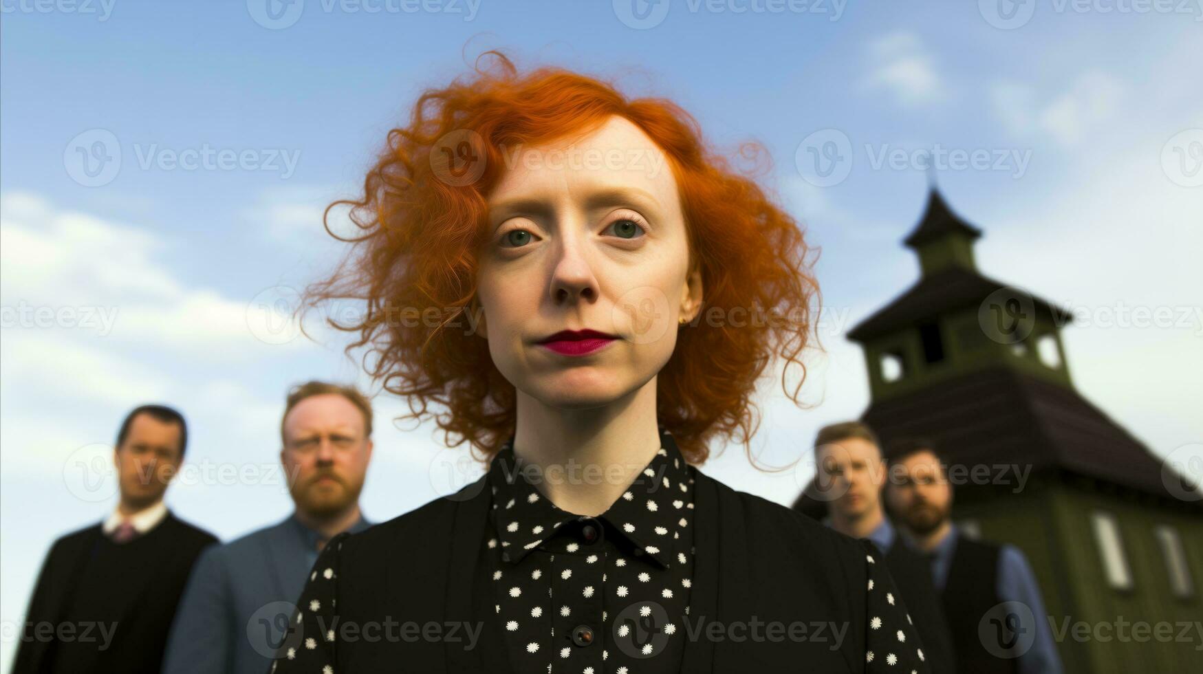 AI generated A red-haired woman standing next to a group of men in front of a building. Generative AI photo