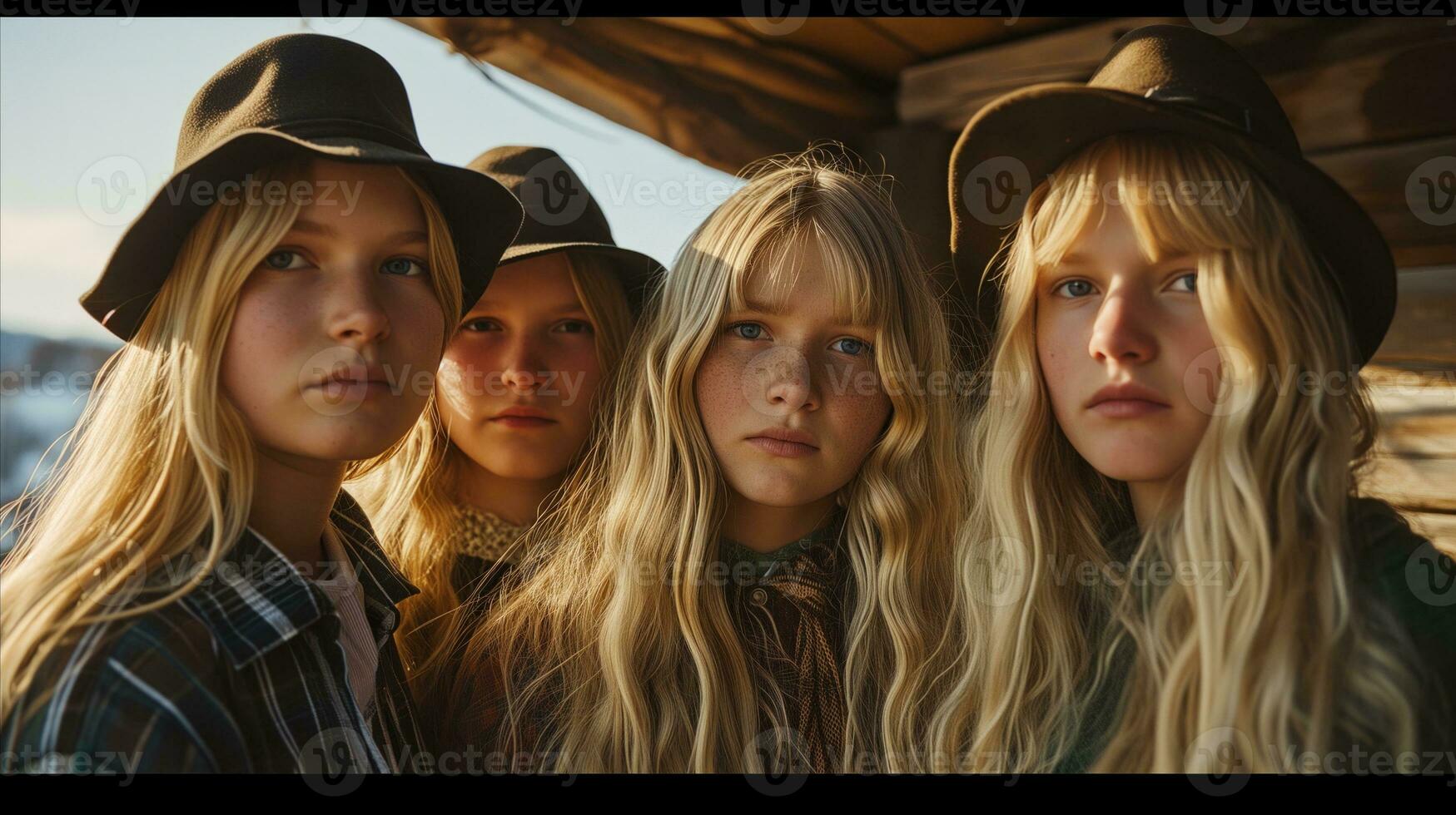 AI generated A group of women posing in hats with brightly coloured jackets. Generative AI photo