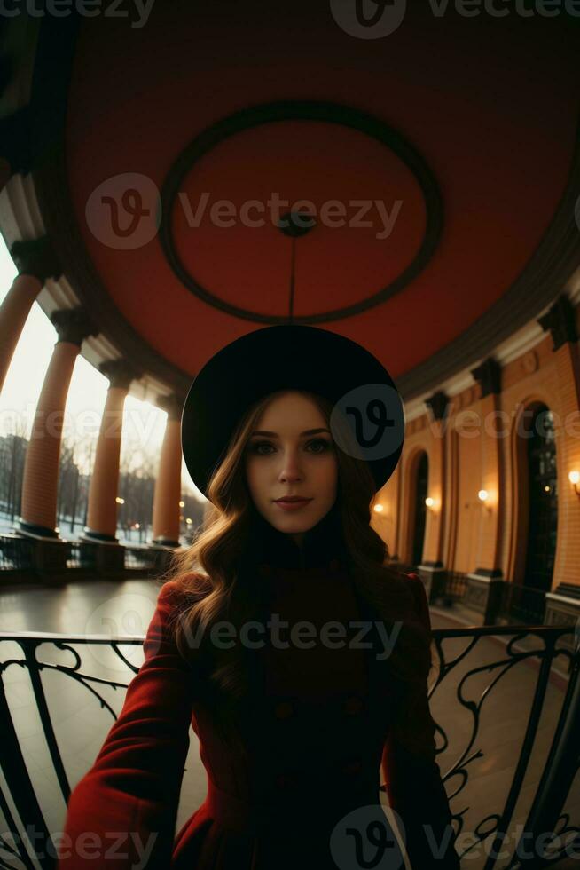 AI generated A woman posing in front of a historical building. Generative AI photo