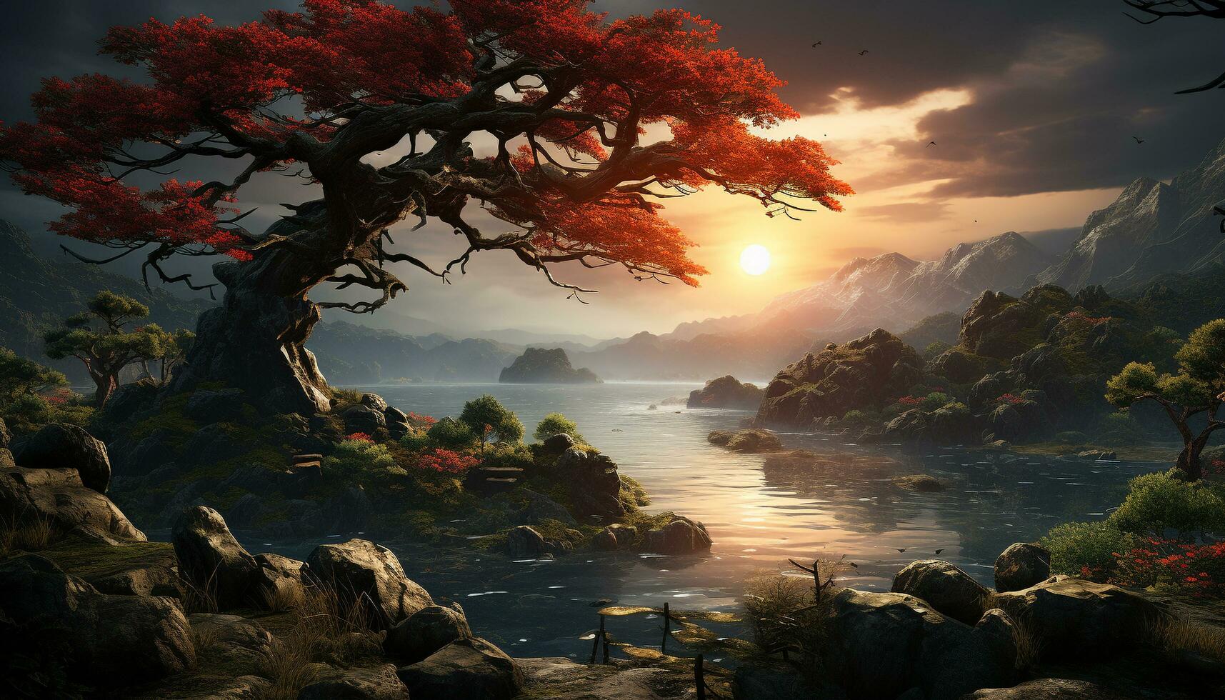 AI generated Tranquil sunset over water, mountains, and forest in autumn generated by AI photo
