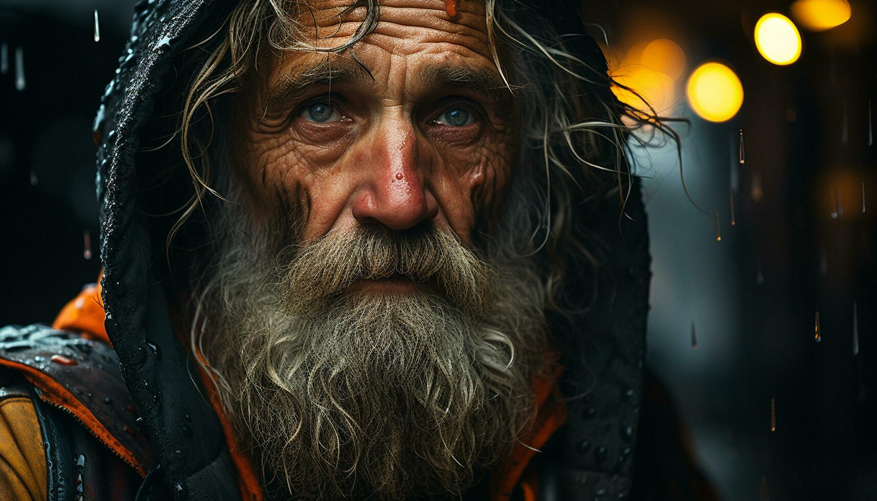 ai generado uno grave hombre mirando a cámara en Nevado invierno generado por ai foto