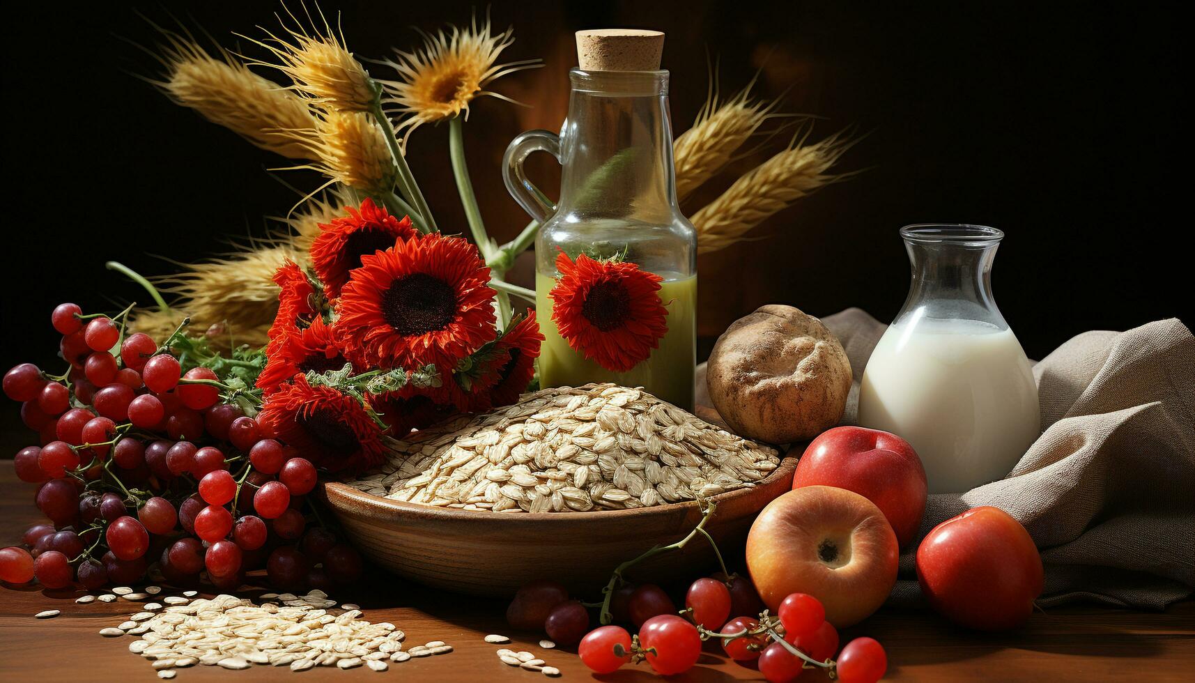 AI generated Fresh wholegrain cereal plant on wooden plate, healthy breakfast meal generated by AI photo