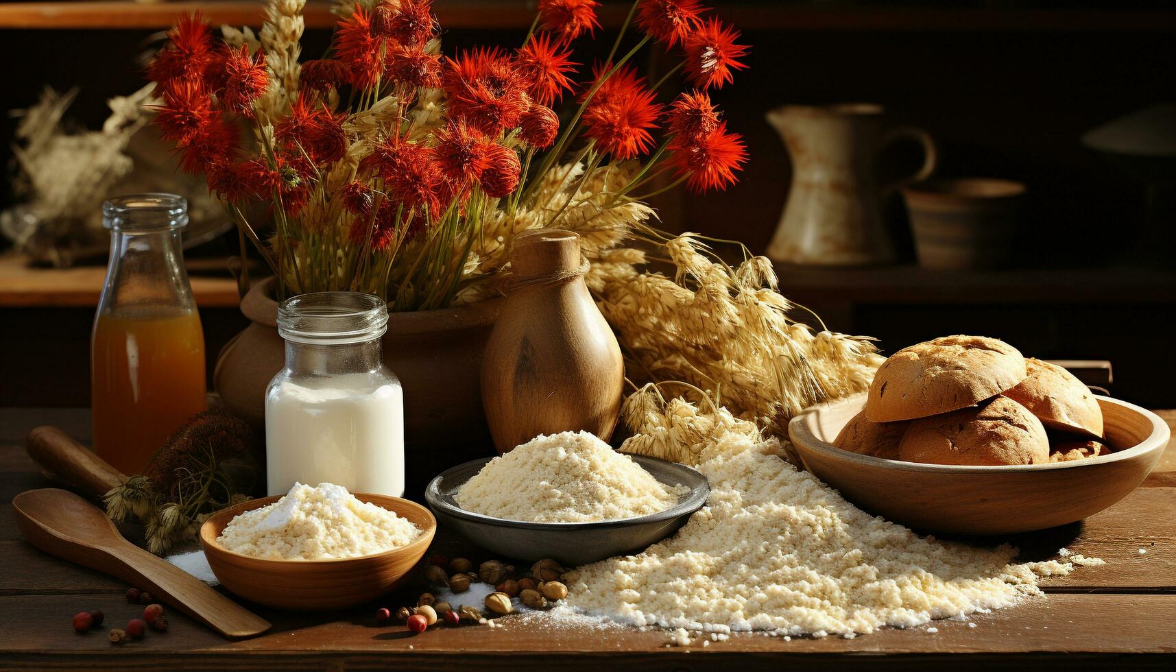 AI generated Fresh milk in rustic jug on wooden table, healthy breakfast generated by AI photo