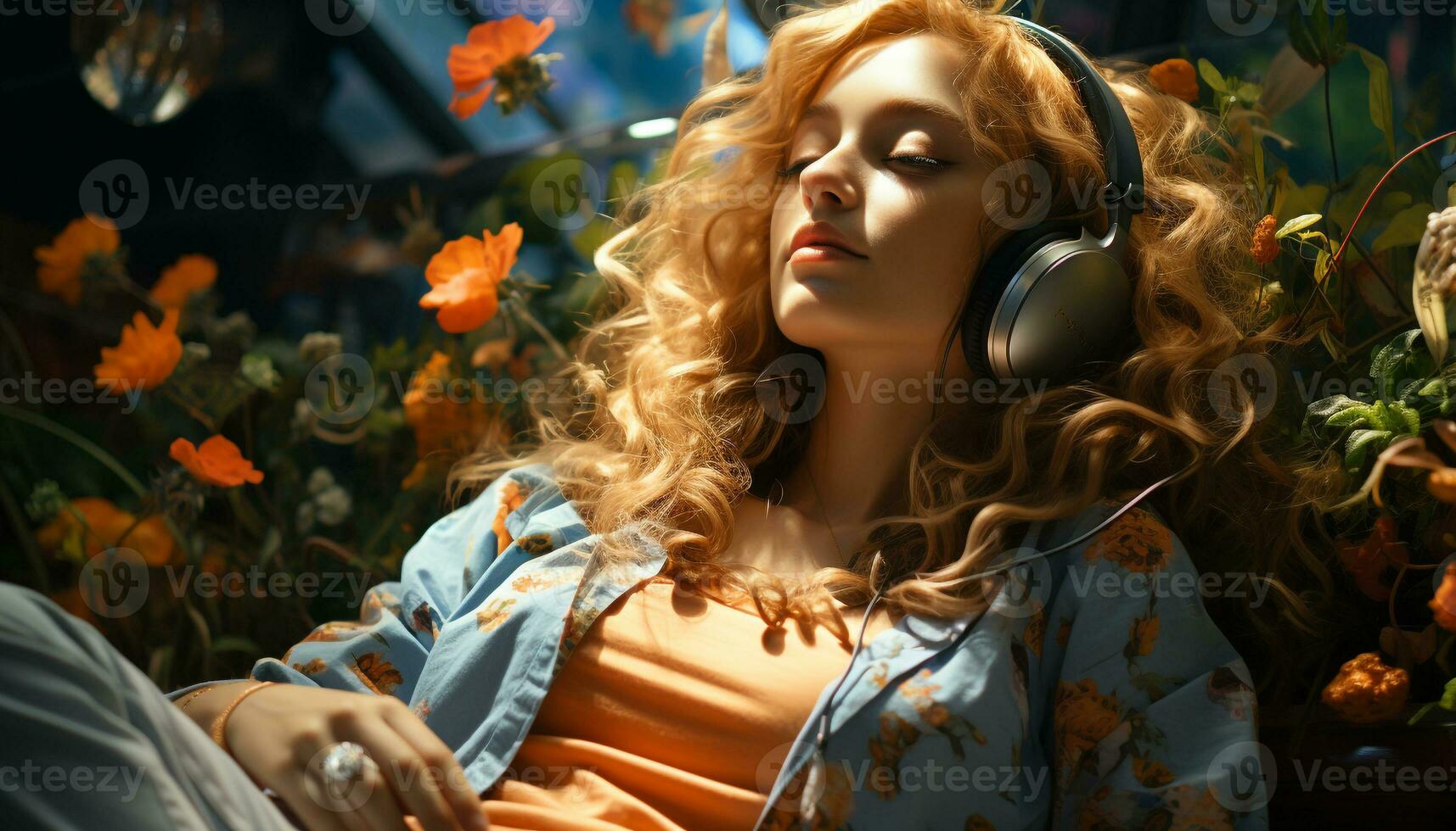 AI generated A young woman enjoying nature, listening to music outdoors generated by AI photo