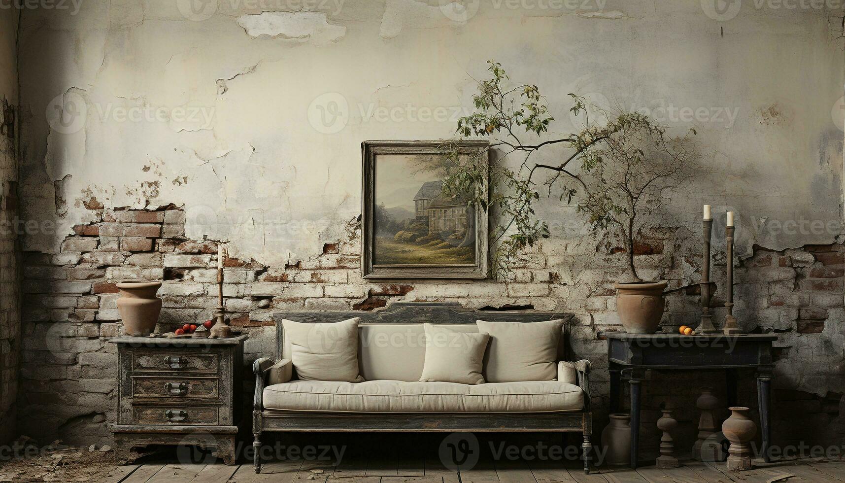 AI generated Cozy modern living room with rustic wood and elegant design generated by AI photo