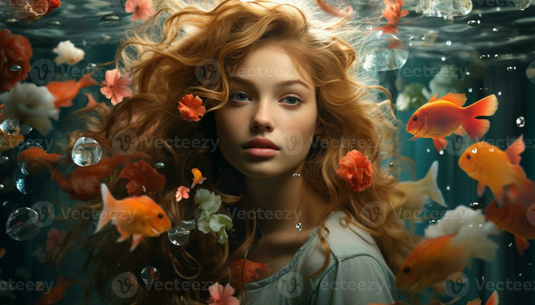 AI generated A beautiful mermaid swimming underwater, surrounded by colorful fish generated by AI photo
