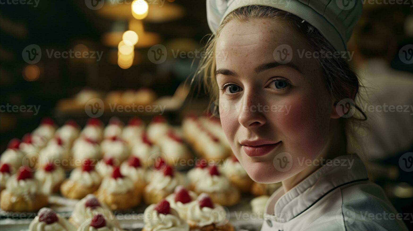 AI generated A woman in a chef hat stands before a pastry display, showcasing a variety of delectable pastries. Generative AI photo