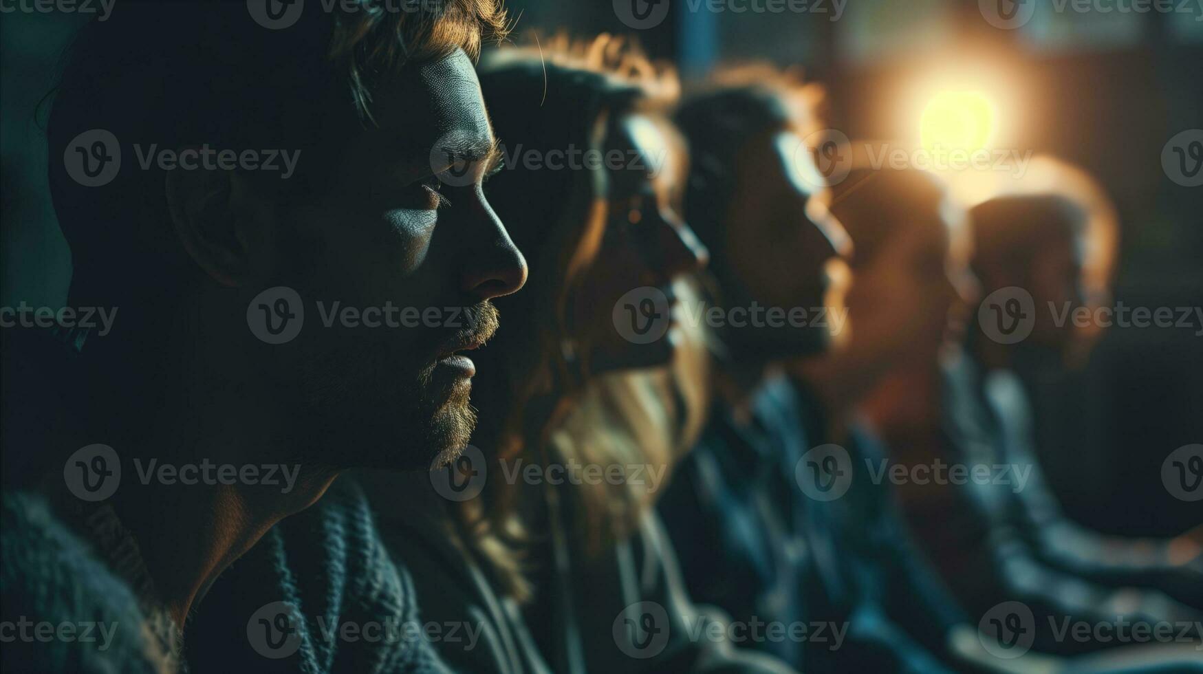 AI generated A group of friends are watching a movie intently. Generative AI photo