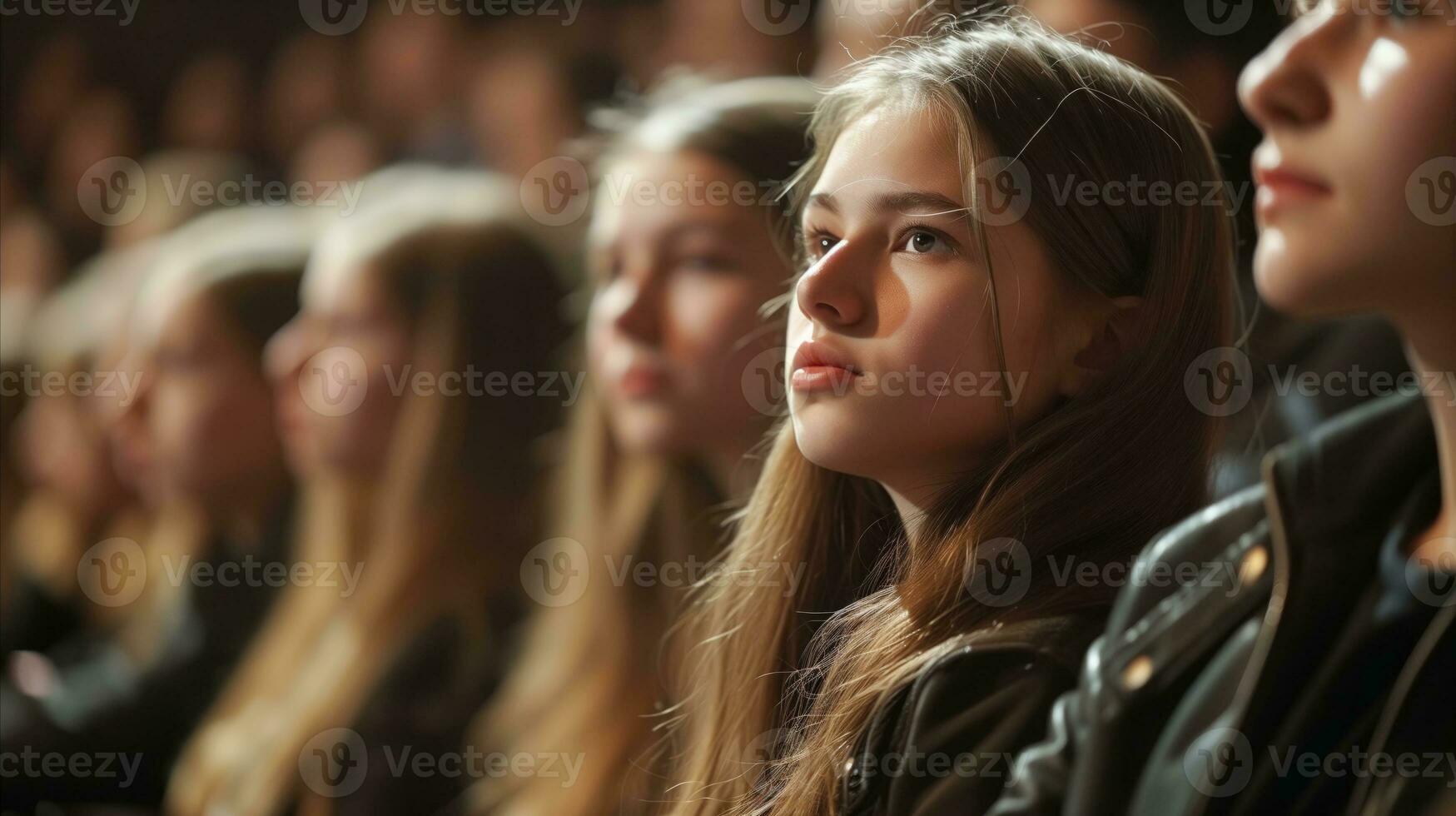 AI generated Row of teenagers sitting in front of a stage. Generative AI photo