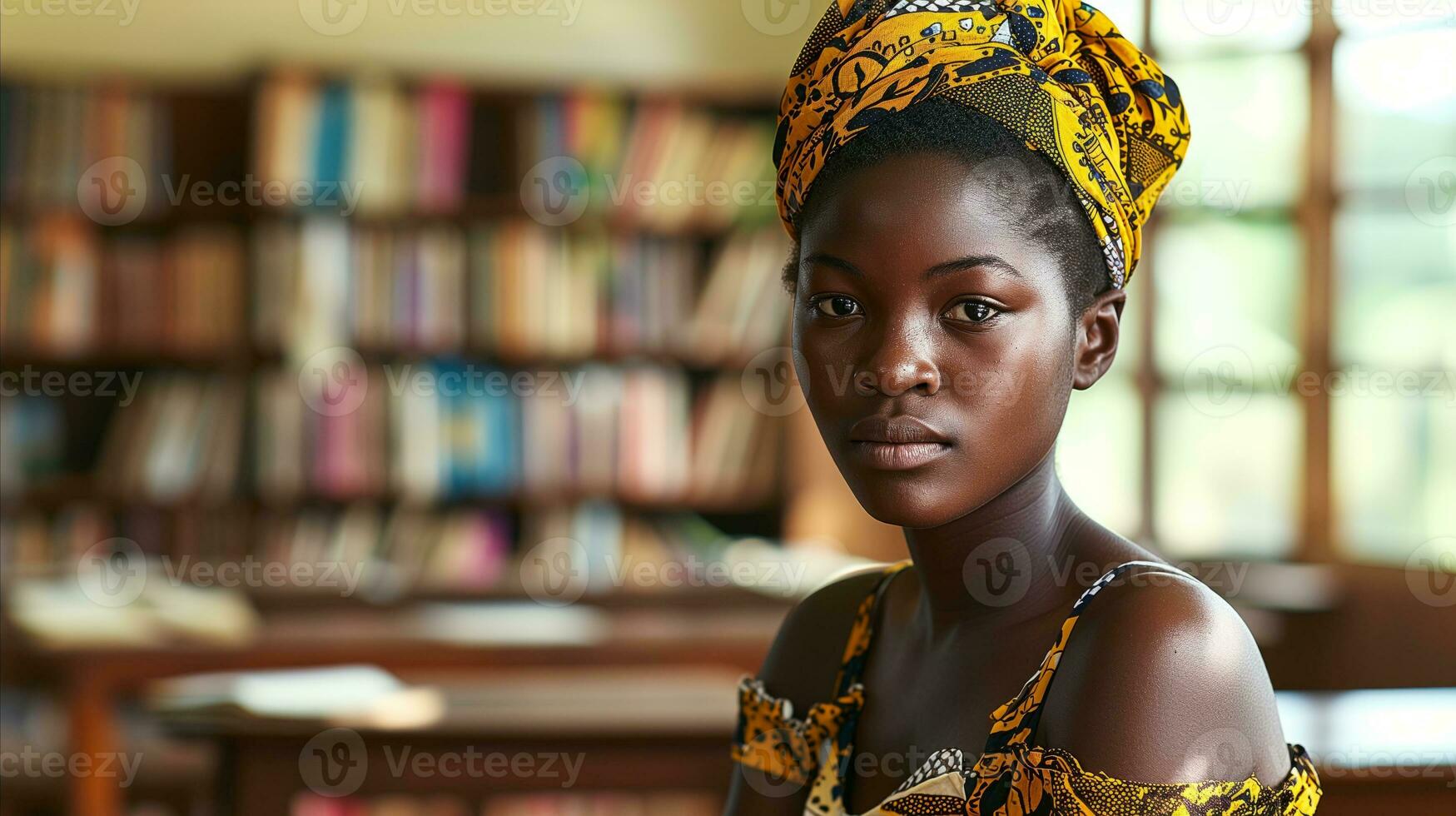 AI generated A young African woman in the library. Generative AI photo