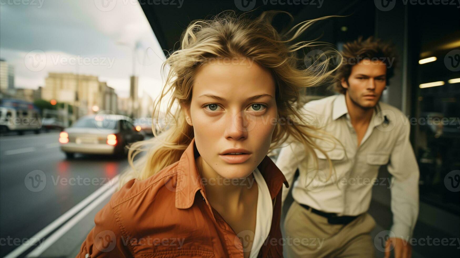 AI generated A couple is running anxiously down the street. Generative AI photo