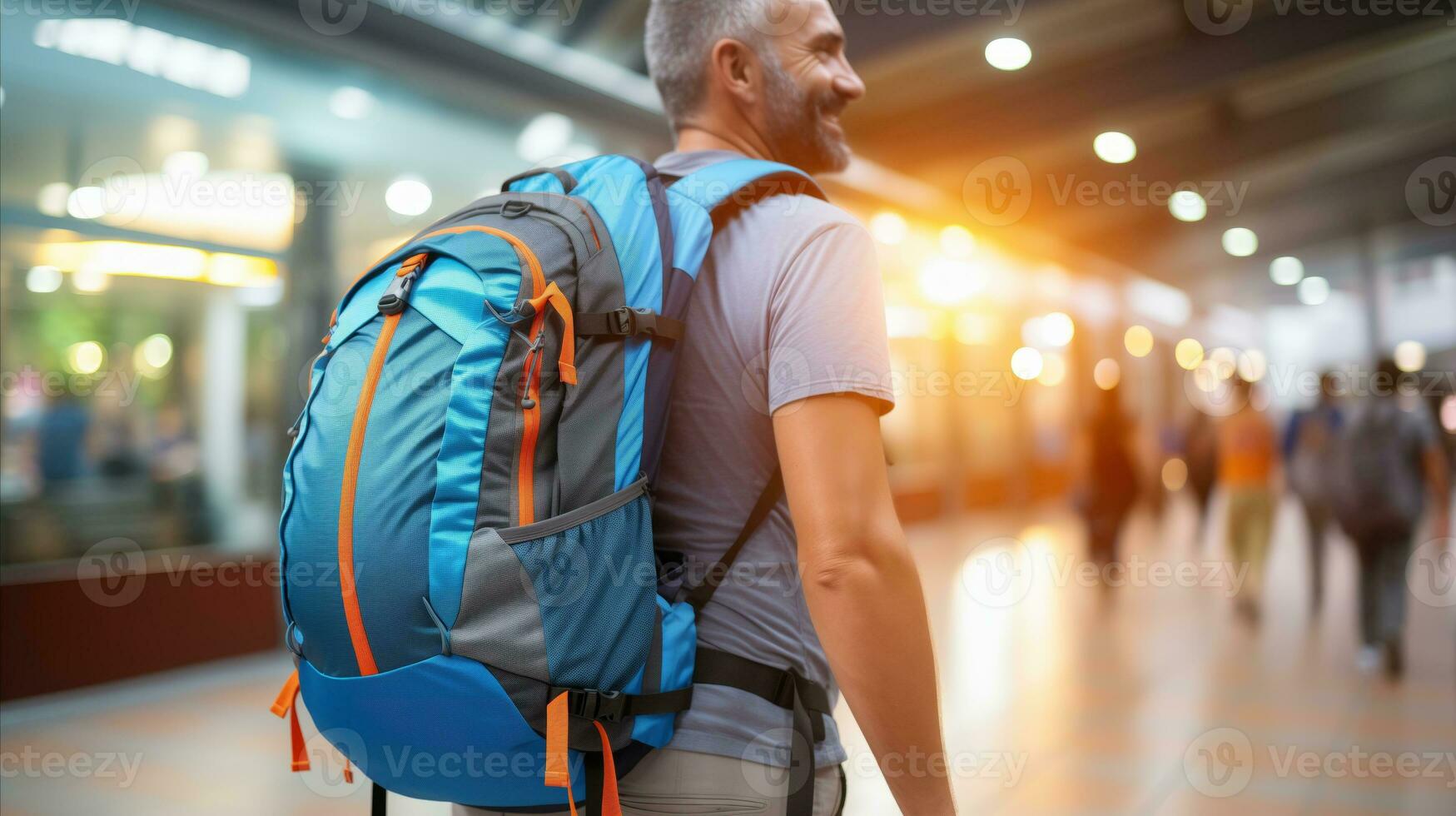 AI generated A traveler with a backpack strolling through an airport, ready for his next adventure. photo