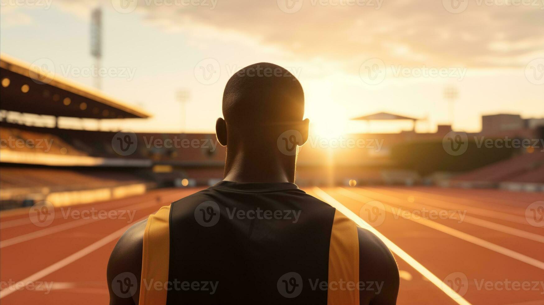 AI generated An athlete standing ready to compete in the stadium at sunset. photo