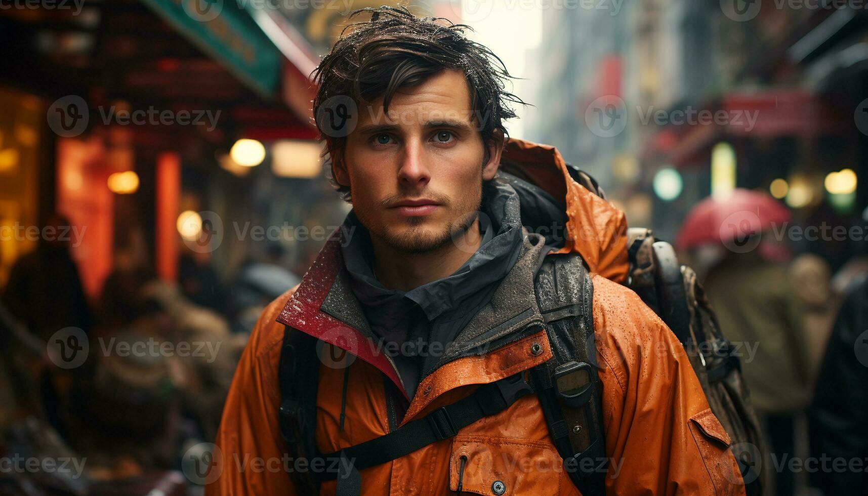 AI generated One young man, confident and stylish, exploring the city generated by AI photo