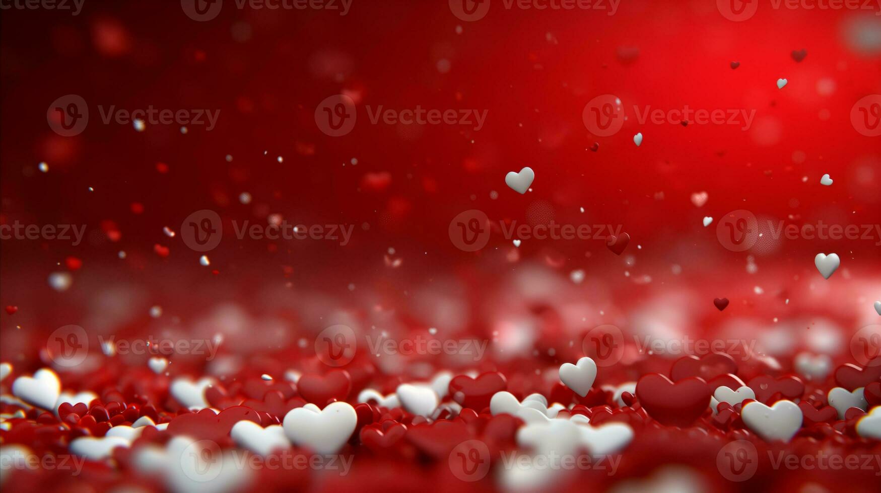 AI generated White and red hearts falling from the red background. photo