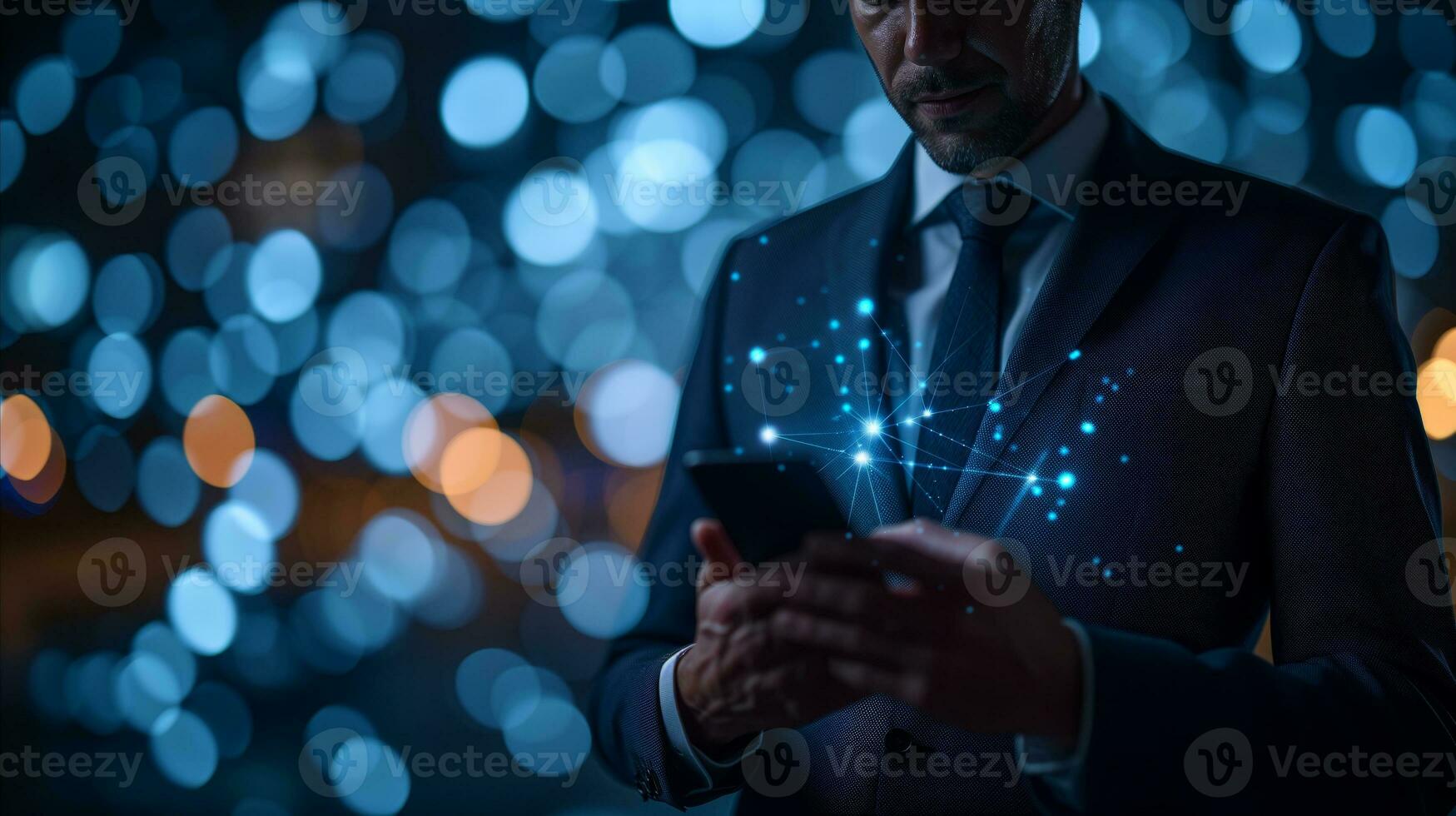 AI generated A businessman in a suit holds a smartphone displaying network dots, indicating connectivity and communication. photo