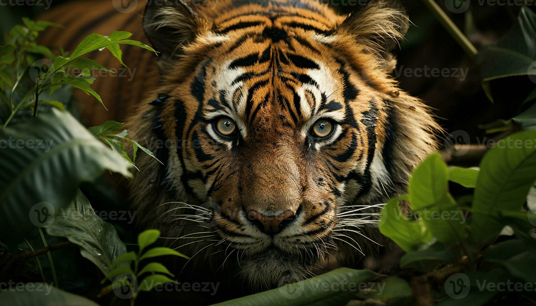 AI generated Majestic Bengal tiger staring, hiding in tropical rainforest generated by AI photo