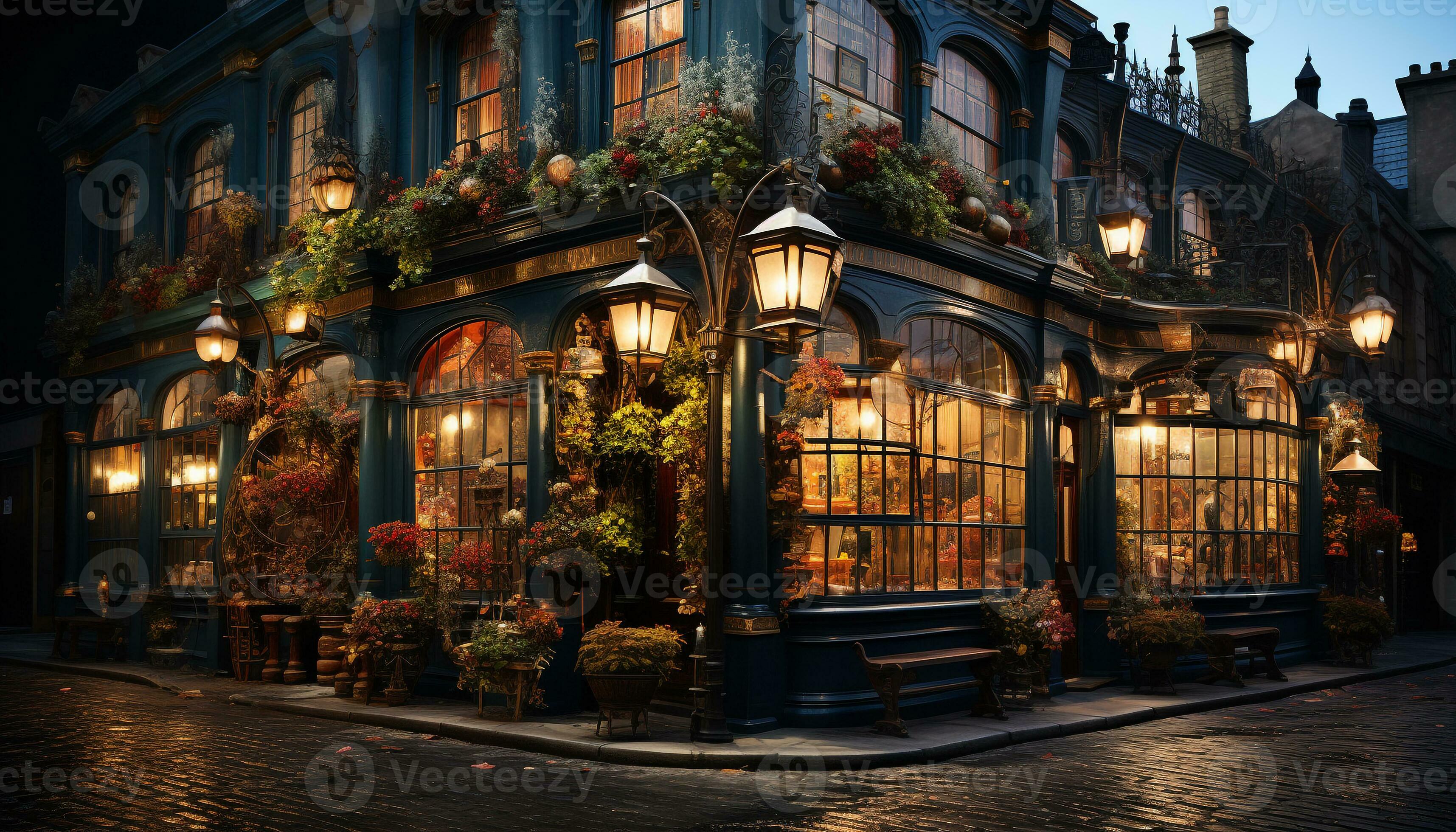 AI generated Famous city street illuminated by lanterns, decorated with ...