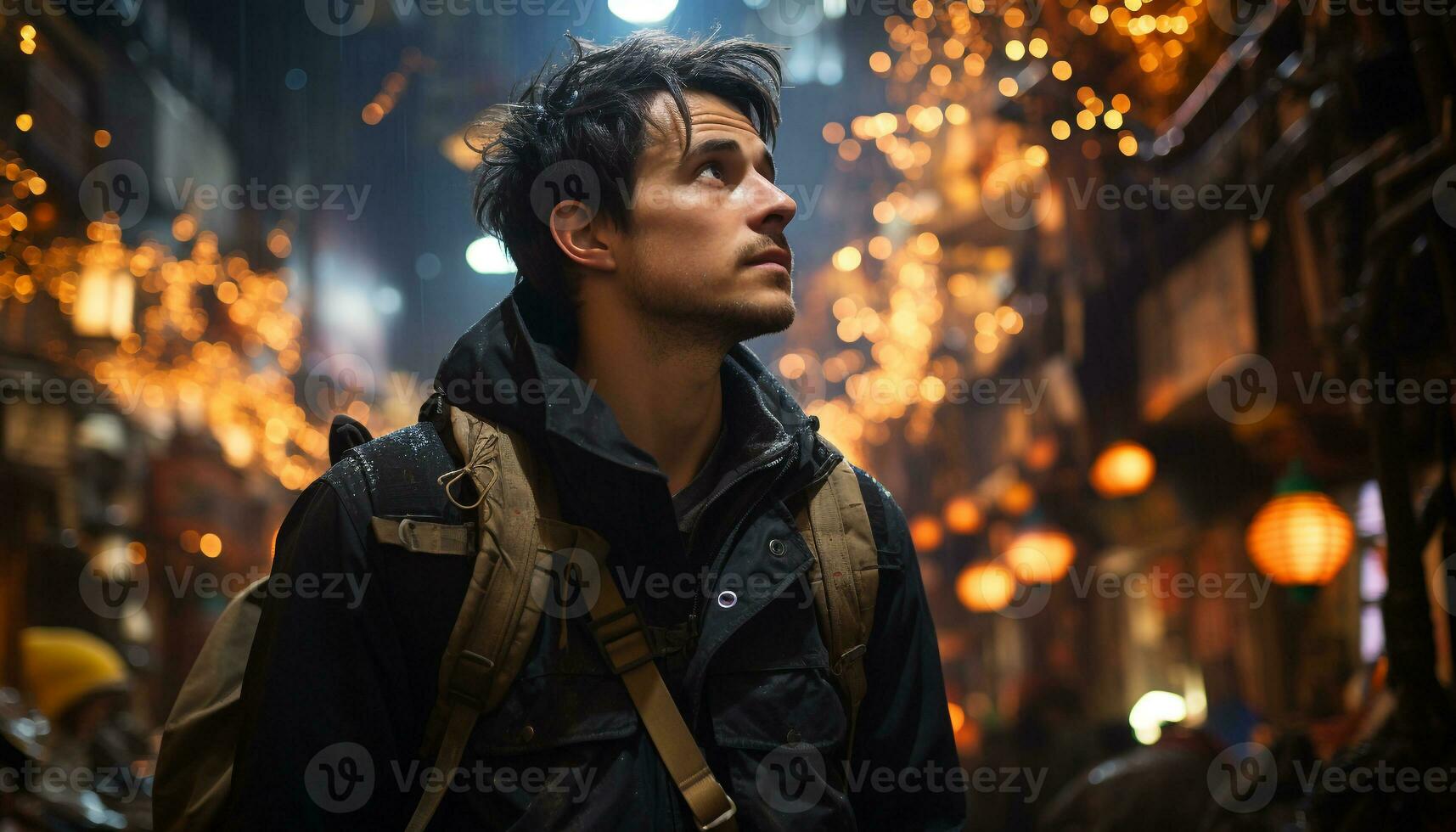AI generated Young man walking in the city, confident and smiling generated by AI photo