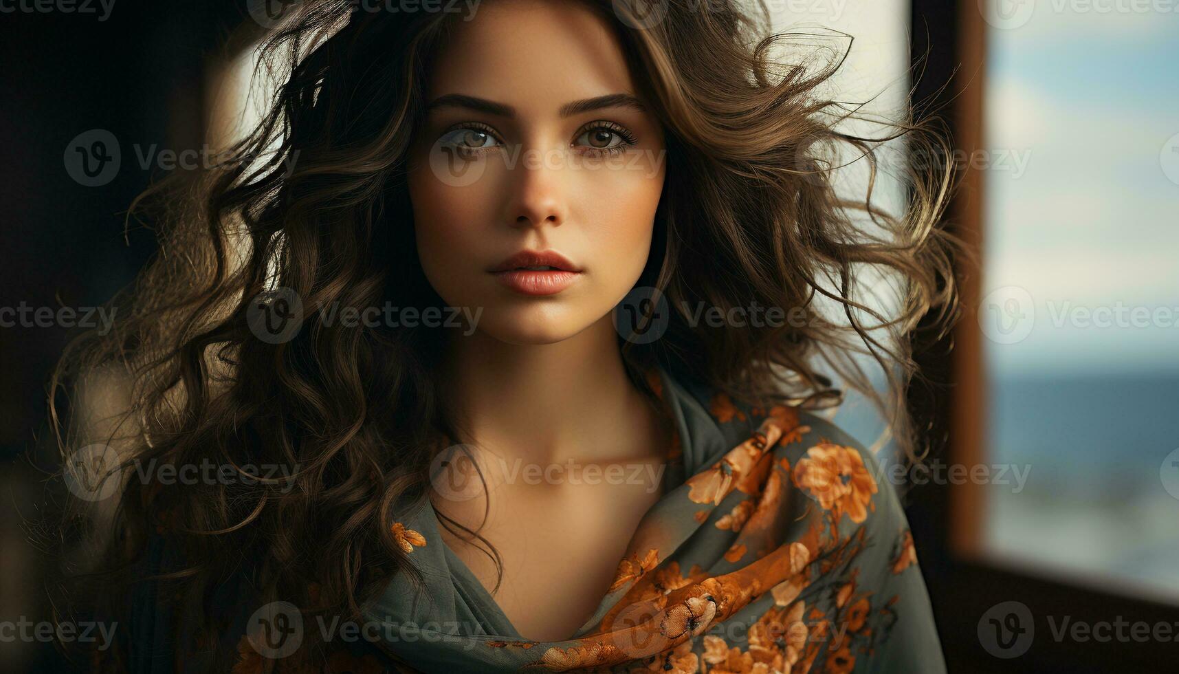 AI generated Young woman with long brown hair looking at camera confidently generated by AI photo