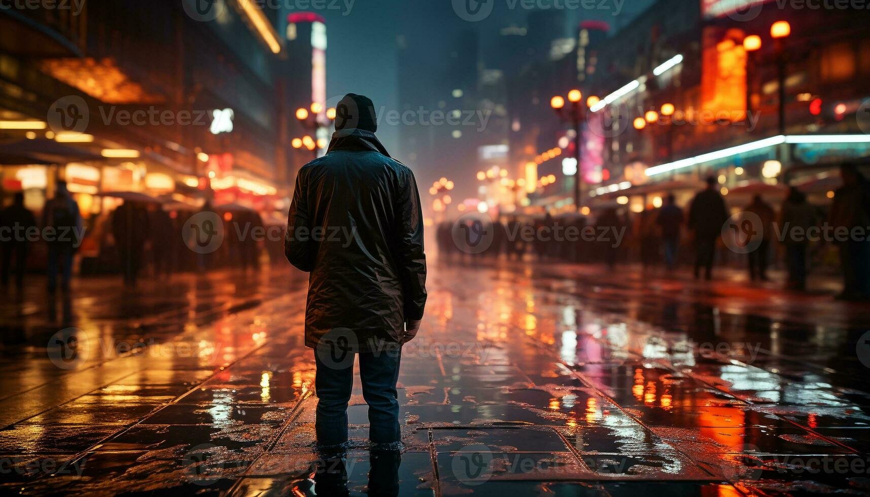 AI generated One person walking in the rain, city lights illuminate generated by AI photo