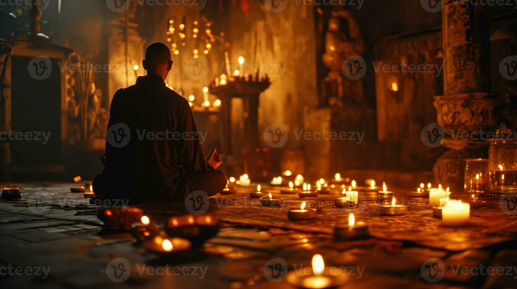 AI generated Monk meditating in a candlelit temple with a serene ambience photo