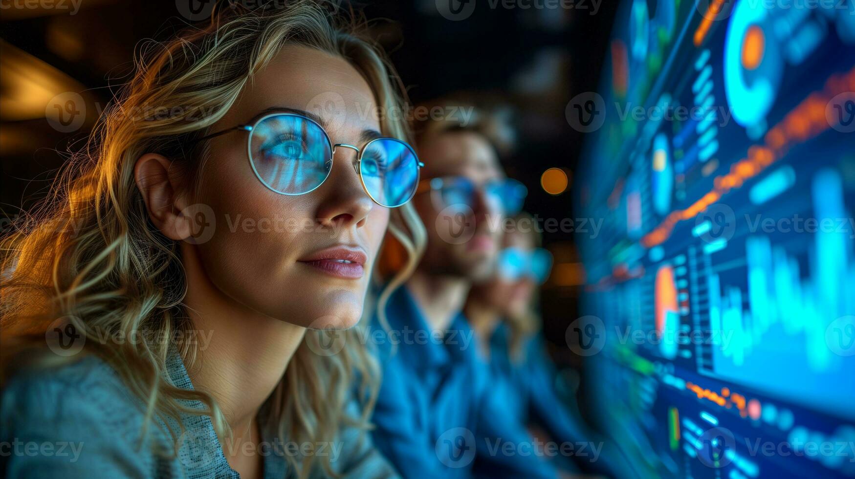 AI generated Focused professionals analyzing data on computer screens in modern office photo