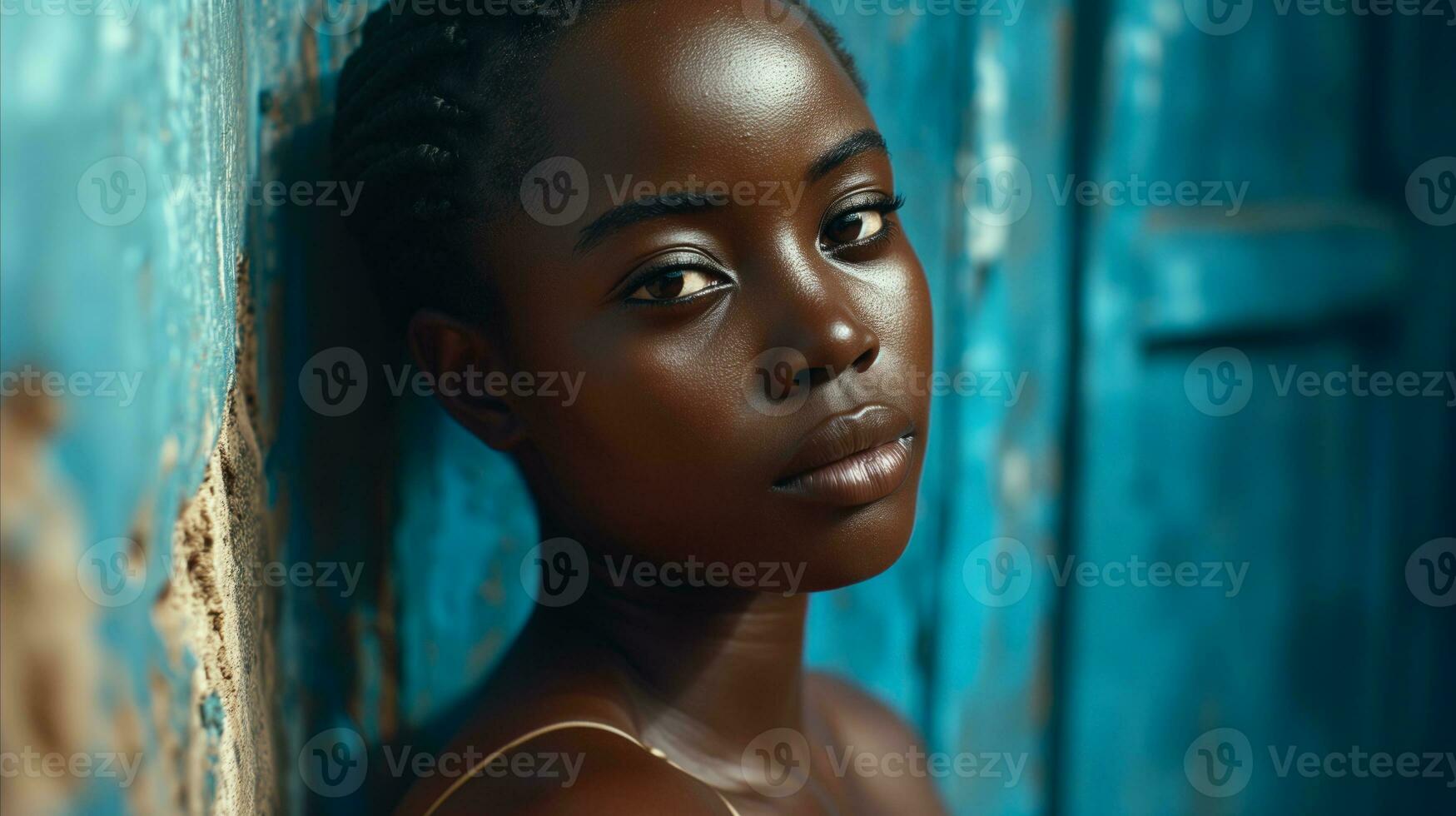 AI generated A beautiful black woman leaning against a blue wall. Generative AI photo