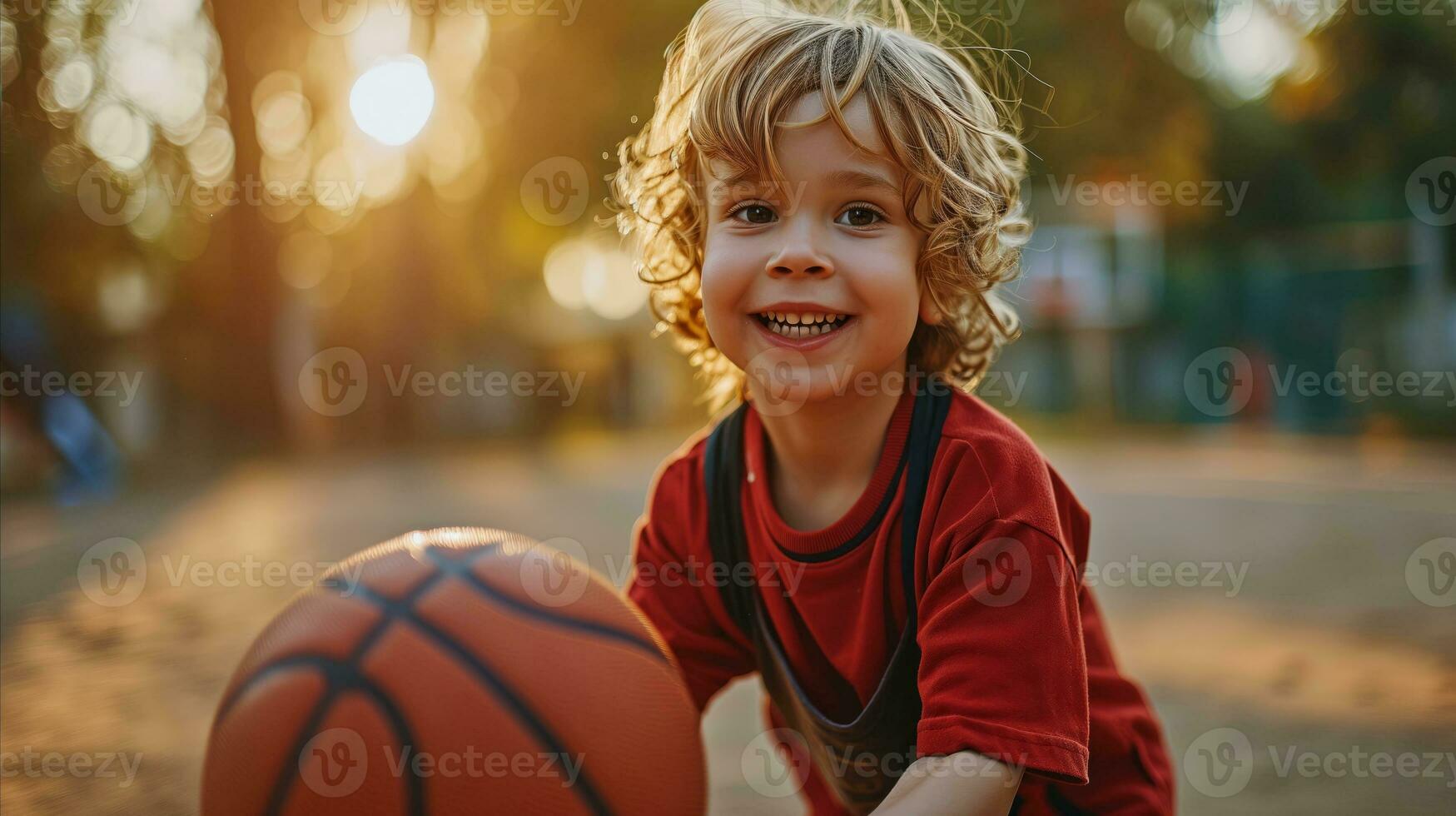 AI generated A young boy confidently holds a basketball ball and is ready to play the game with enthusiasm. Generative AI photo