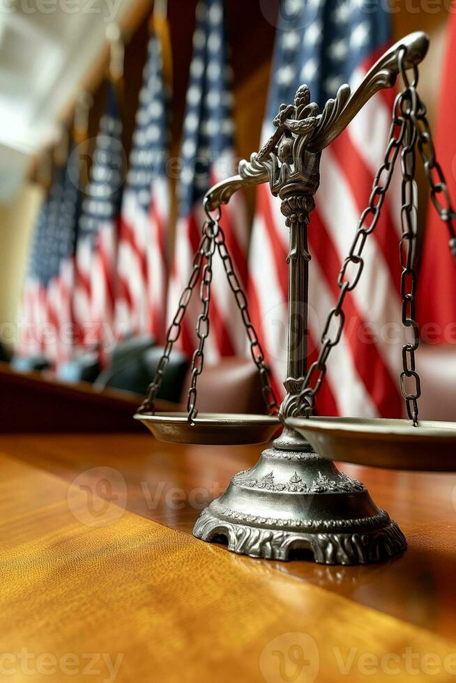 AI generated Lady justice scale in courtroom with american flags in background photo