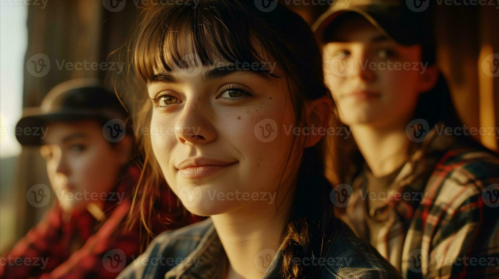 AI generated Young girlfriends sitting sideways with a smile on their face. Generative AI photo