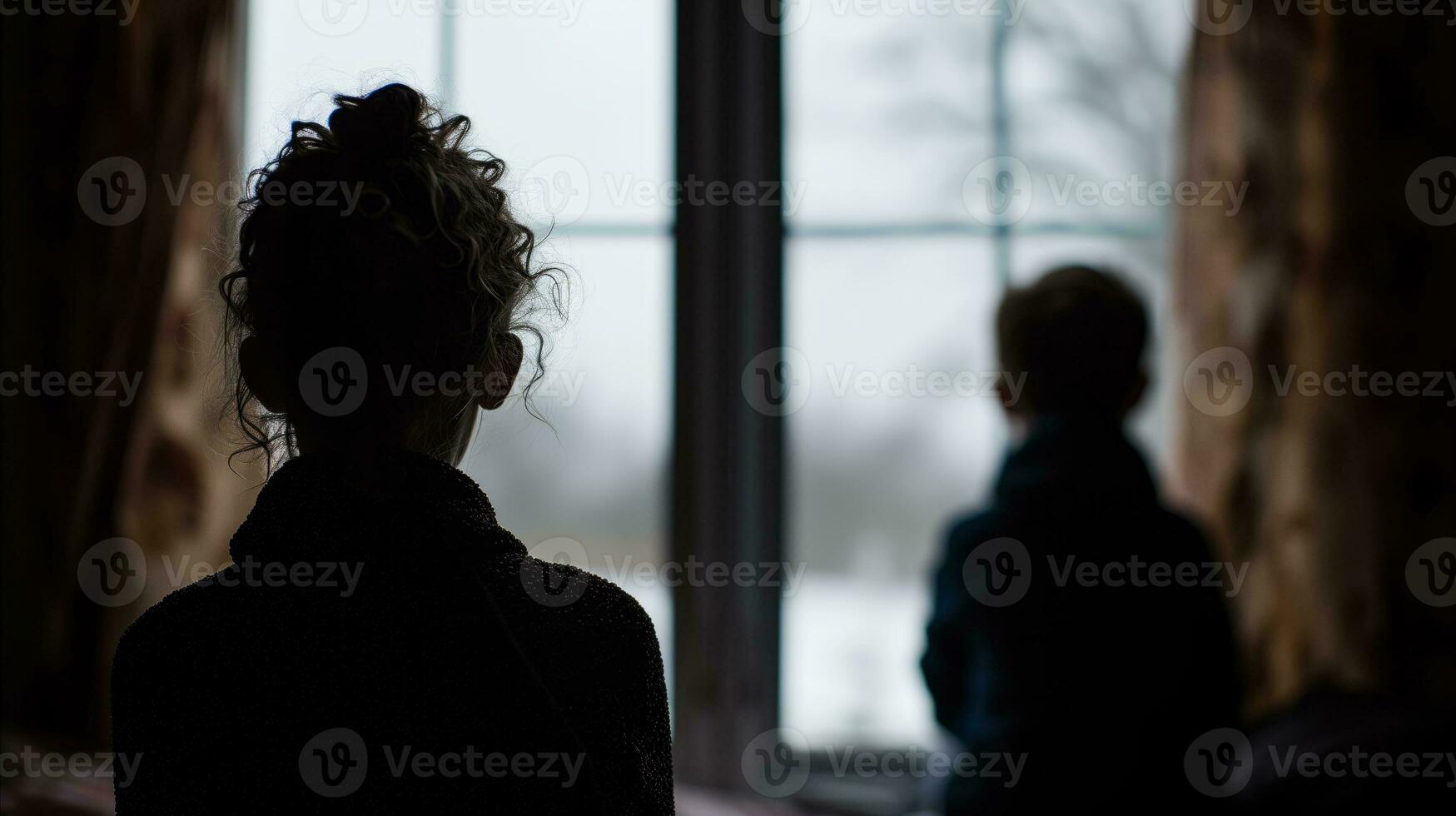 ai generado silueta de un niño y madre mirando fuera el ventana. generativo ai foto