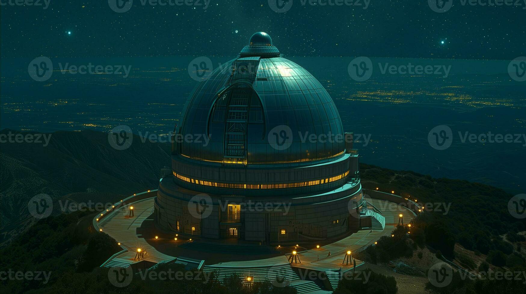 AI generated Observatory at night overlooking city lights with starry sky photo