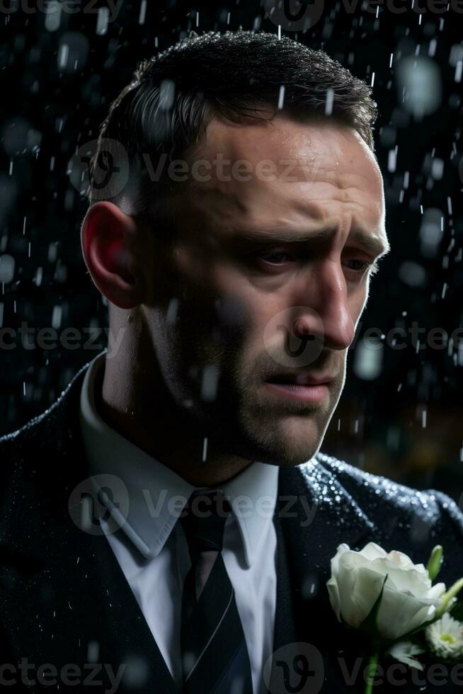 AI generated A man in a suit and tie stands sadly in the rain. Generative AI photo